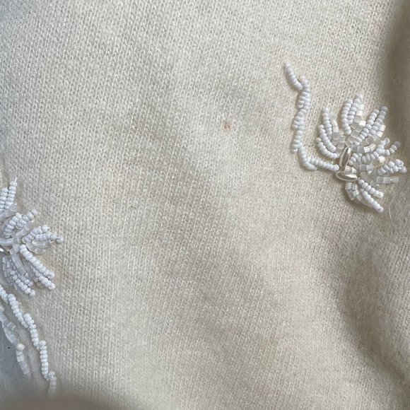 Vintage 50s Beaded Cardigan 40 / Medium Cream Lambswool Angora Pinup Rockabilly - Picture 10 of 12